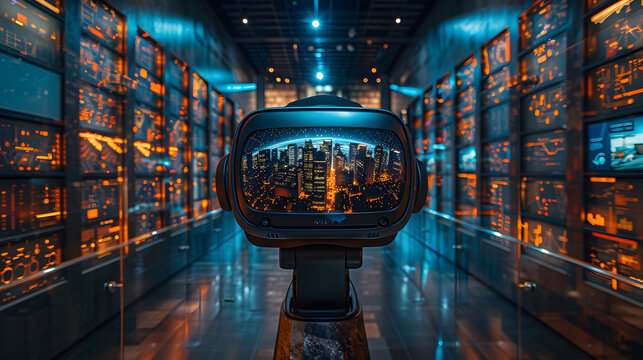 A virtual reality headset stands in a server room, displaying a vivid cityscape panorama within its screen, symbolizing the blend of technology and virtual experiences