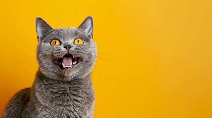 A grey British shorthair cat smiling and doing a yodel hand gesture in front of against a vibrant white background