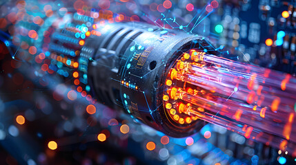 Close-up view of vibrant fiber optic cables connected to a network interface card with dynamic light transmission, highlighting data communication technology - obrazy, fototapety, plakaty