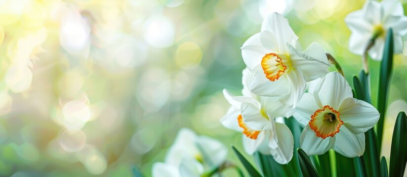 White daffodil flowers blooming in a sunny garden with a soft green natural background, symbolizing the arrival of spring.