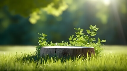 Green background with natural green grass podium