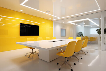 A sleek meeting room with a combination of white and sunshine yellow walls, minimalist furniture, and recessed lighting for a clean and contemporary aesthetic.
