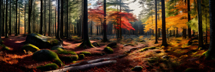 Breathtaking View of Autumn Splendor in a Dense Forest: An Autumnal Symphony of Colors
