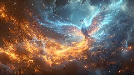 Majestic phoenix in flight, its wings ablaze with fiery and icy hues against a dramatic cosmic backdrop
