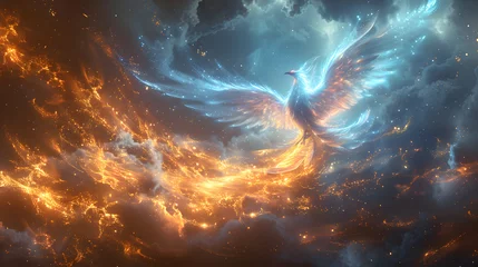 Fotobehang Majestic phoenix in flight, its wings ablaze with fiery and icy hues against a dramatic cosmic backdrop © kaitong1006