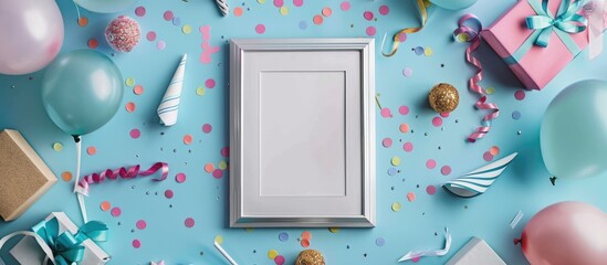 Background for a party or birthday celebration featuring a silver frame surrounded by colorful balloons, gift boxes, party hats, confetti, candies, - obrazy, fototapety, plakaty
