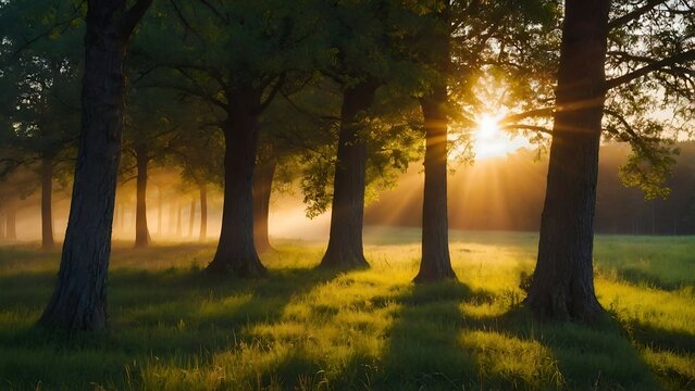 morning sunrise in the woods, sun light through trees landscape background