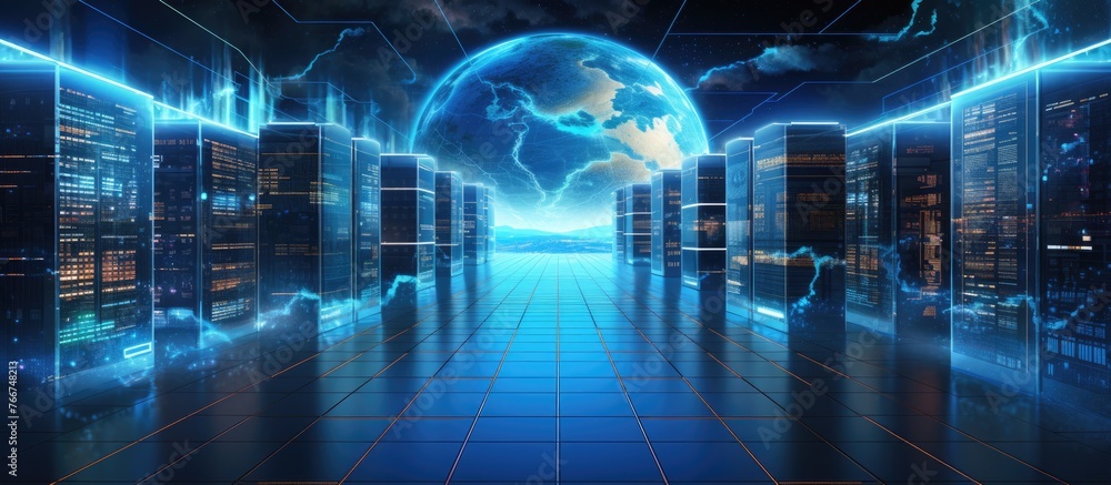 Poster a row of servers in a data center is set against a backdrop of a glowing globe, depicting symmetry a
