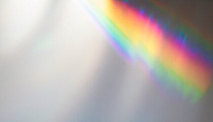 Blurred rainbow light refraction texture overlay effect for photo and mockups. Organic drop diagonal holographic flare on a white wall. Shadows for natural light effects