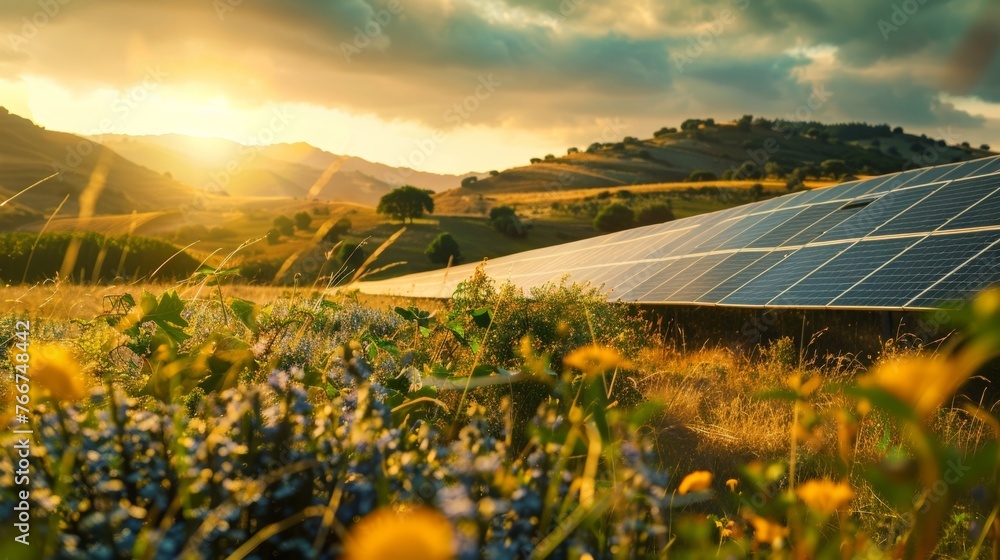 Poster a view of a sprawling field of solar panels stretching towards the horizon generating clean and rene
