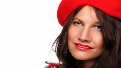A stylish French woman wearing a vibrant red beret