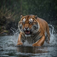 Siberian tiger, Panthera tigris altaica, low angle photo in direct view, running in the water directly at camera with water splashing around. Attacking predator in action. Tiger in taiga environment.
