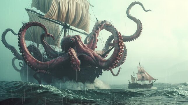 Nautical Encounter: A pirate ship encounters a giant octopus in the vast expanse of the ocean, creating a scene of thril Seamless looping 4k time-lapse virtual video animation background. Generated AI