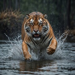 Siberian tiger, Panthera tigris altaica, low angle photo direct face view, running in the water directly at camera with water splashing around. Attacking predator in action. Tiger in taiga environment