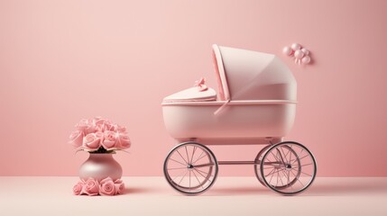 Pink Baby Stroller and Roses Arrangement on Pastel Background

