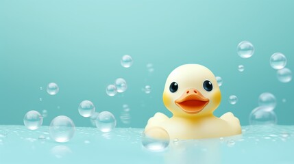 Rubber Duck Floating on Water with Bubbles on a Teal Background
