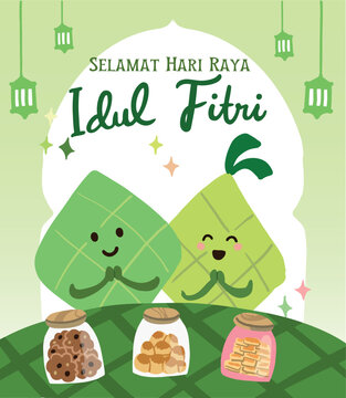 Eid al-Fitr greeting card with ketupat character and some festive cookies.. Idul Fitri in cute style..