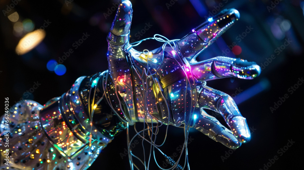 Poster a hand encased in a metallic glove with sensors visibly embedded on the fingers and palm. these sens
