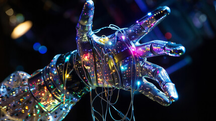 A hand encased in a metallic glove with sensors visibly embedded on the fingers and palm. These...