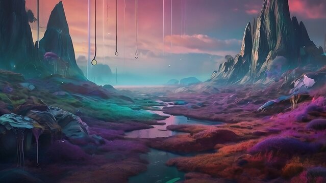 Explore an enchanting world where vibrant rivers flow around hills of colorful hills, painting a surreal picture against the vastness of intergalactic dimensions
