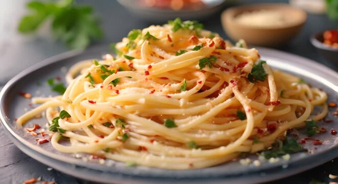 A plate of spaghetti aglio e olio with parsley and chili flakes