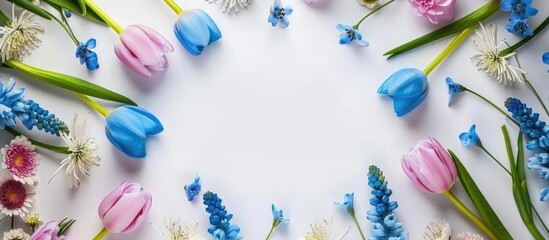 Arrangement of flowers in a frame of blue flowers against a white backdrop, symbolizing Easter and spring. Flat lay with an overhead view and space for text.