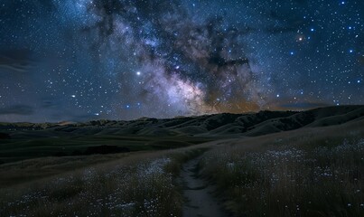 A Starry Night Sky over Rolling Hills with the