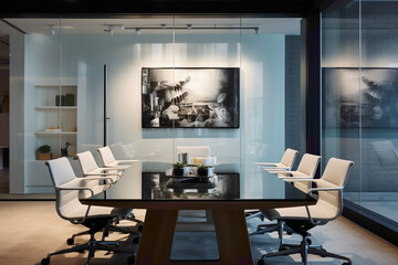 A sleek meeting room with a blend of contemporary and industrial aesthetics. The pristine white empty frame on the wall invites personalized embellishments.