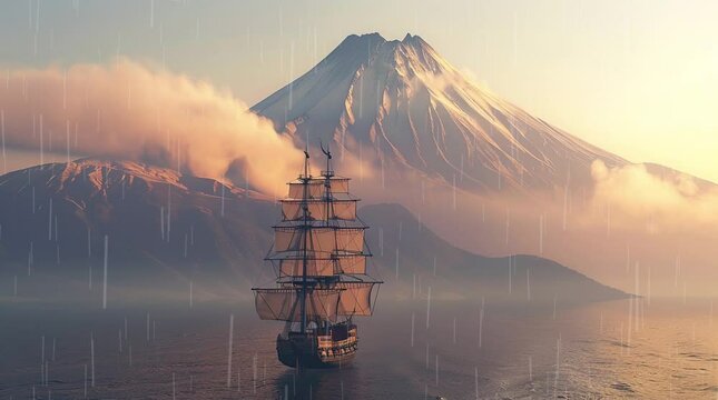 Tranquil Seascape: A ship glides peacefully on calm ocean waters, framed by majestic mountains in the distance, creating Seamless looping 4k time-lapse virtual video animation background. Generated AI