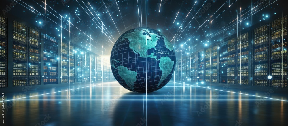 Poster the world globe sits in the center of the server room, its electric blue oceans and intricate patter