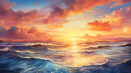Fototapeta premium In a stunning watercolor depiction, rolling ocean waves unfold beneath a mesmerizing sunset sky filled with vivid colors, showcasing the dynamic beauty of nature's canvas.
