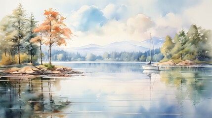 A tranquil autumn day is beautifully depicted in a watercolor illustration, featuring serene sailboats gently moored on a lake, surrounded by trees adorned with vibrant fall foliage. - obrazy, fototapety, plakaty