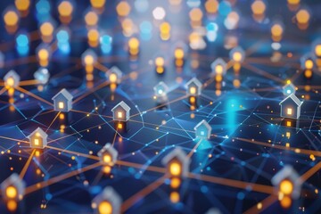 Network of connected homes. Smart real estate and digital property management concept with a futuristic network mesh