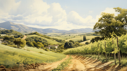Fototapeta na wymiar Idyllic landscape depicted in watercolor of traditional farmhouse nestled among green rolling hills and vineyards.