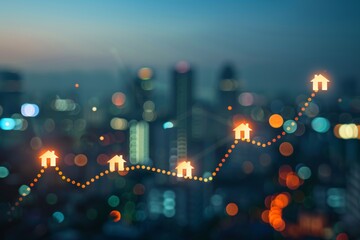 Abstract cityscape with rising house icons and upward trend line. Real estate growth and market concept on a blurred urban background