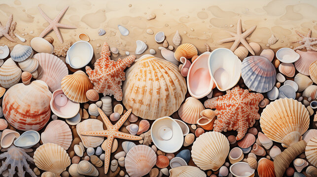 Capturing the beauty of marine life, a watercolor illustration showcases a diverse array of colorful seashells and a starfish arranged with artistic flair.