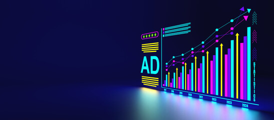 Digital marketing commerce online sale concept, Shows a bar chart of sales increase each year. Planning advertising marketing strategies to target social media native, ad, advertisers, sales