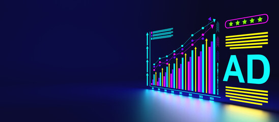 Digital marketing commerce online sale concept, Shows a bar chart of sales increase each year. Planning advertising marketing strategies to target social media native, ad, advertisers, sales
