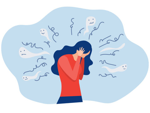 woman suffers or Stressed holds the head surrounded by thoughts,problem feel anxiety and confusion mental disease concepts. Flat vector design illustrations.