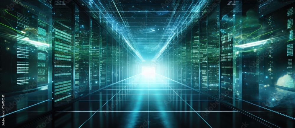 Poster a computer server room with electric blue light cascading from the ceiling in a symmetrical pattern.