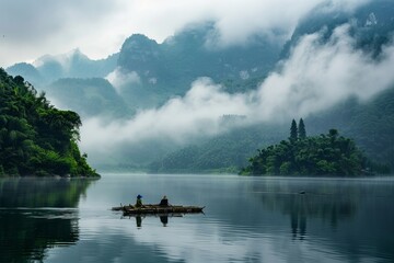 Asian fishermen fishing from a bamboo raft on a calm lake surrounded by lush green mountains, with...
