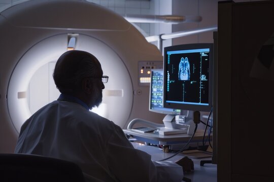 A radiologist reviewing medical imaging scans such as X-rays and MRI images, aiding in the diagnosis and management of various medical conditions, Generative AI