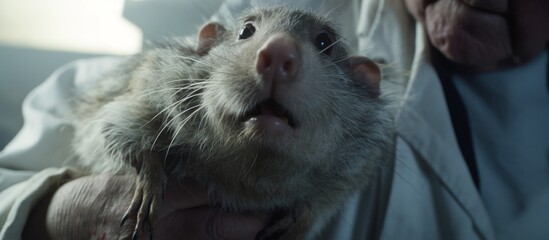Closeup of a person holding a small to mediumsized carnivorous terrestrial animal, with fur, whiskers, and a snout, commonly known as a rat, in a bed