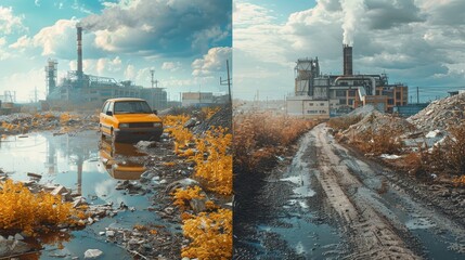 A collage of images depicting the before - and - after effects of environmental cleanup efforts, with polluted areas transformed into clean and healthy environments - obrazy, fototapety, plakaty