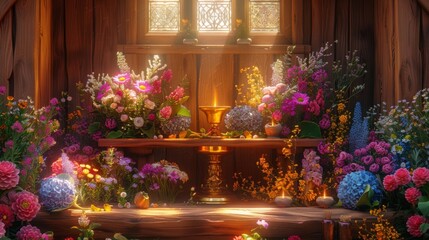 Fototapeta na wymiar A wooden altar is adorned with fresh flowers and herbs surrounding a golden chalice and a sharp ritualistic blade. The air is filled with the sweet scent of incense.
