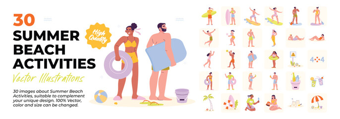 Collection of summer fun activities, equipment stock, water sport, beach playtime, cocktails, and summer holiday concept illustrations. Set of illustration of people playing at beach and having fun at