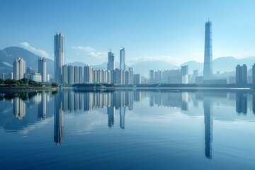city skyline with reflection showing in lake 