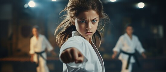A group of people are enjoying a karate performance at a gym, showcasing their skills and having fun. It is an entertaining event for sharing with the public - obrazy, fototapety, plakaty