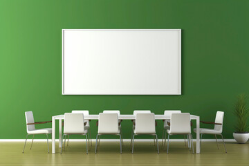 A sleek green meeting room with a blank white empty frame.