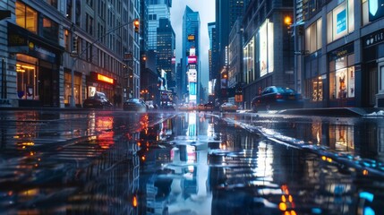 A view of a desolate city street slick with rain lined with tall buildings and reflecting the dim city lights in puddles on the ground.